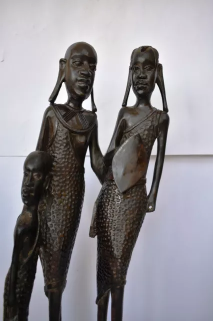 Antico Africano Ebano Masai Mara Statua Coppia Donna Child & Warrior Tribe 2