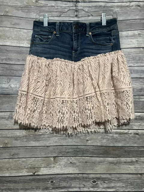 American Eagle Womens Mini Denim & Lace Handmade Skirt Blue Super Stretch Size 4