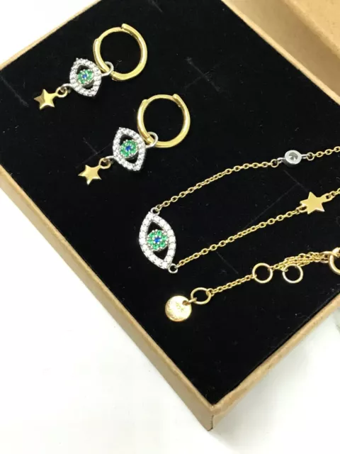 MIMCO Gold Sterling Silver EVIL Eye NECKLACE & EARRINGS Rare