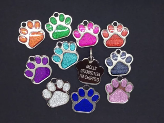 Pet ID Tag Tags, Quality 27mm Reflective Glitter Dog Paw Design ..ENGRAVED FREE