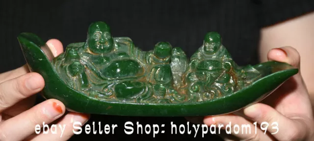 8" Rare Old Chinese Green Jade Carving Happy Laugh Maitreya Buddha Statue