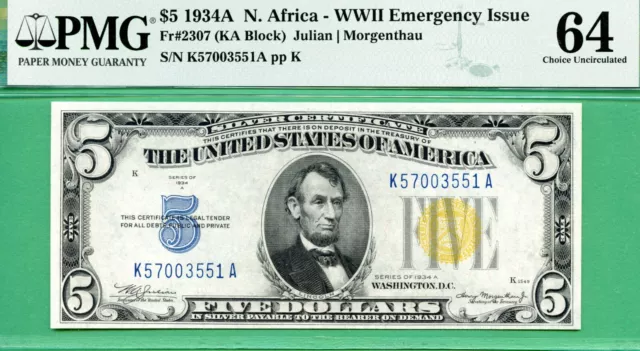 1934A NORTH AFRICA $5 SC - PMG CU 64 - Fr 2307 KA block - PMG CU 64 NORTH AFRICA