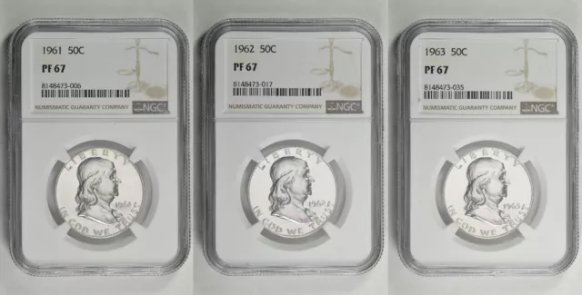 1961 - 1963 50C Silver Proof Franklin Half Dollar NGC PF 67 Three Coin Lot