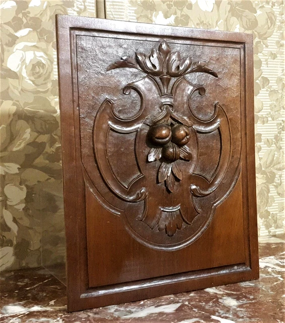 Fruit scroll leaves walnut carving panel - Antique french architectural salvage