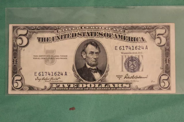 1953-A Five Dollar Silver Certificate $5 Bill Blue Seal Note Circulated