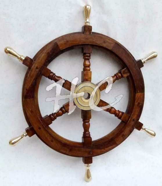 Vintage Antique 18" Wooden Helm Ship Wheel Boat Steering Solid Brass Handle Gift