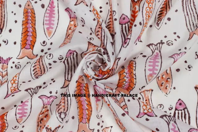 Poisson Design Indien Bloc Coton Imprimé Naturel Artisanat de Couture Tissu 4.6m