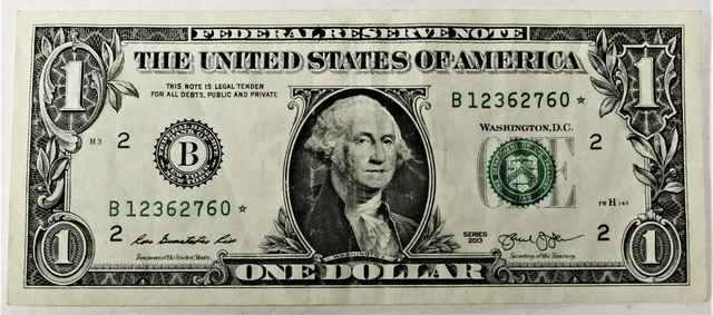2013 $1 (One Dollar) – *Star Note* – Currency, Bill – “B” ⭐341⭐