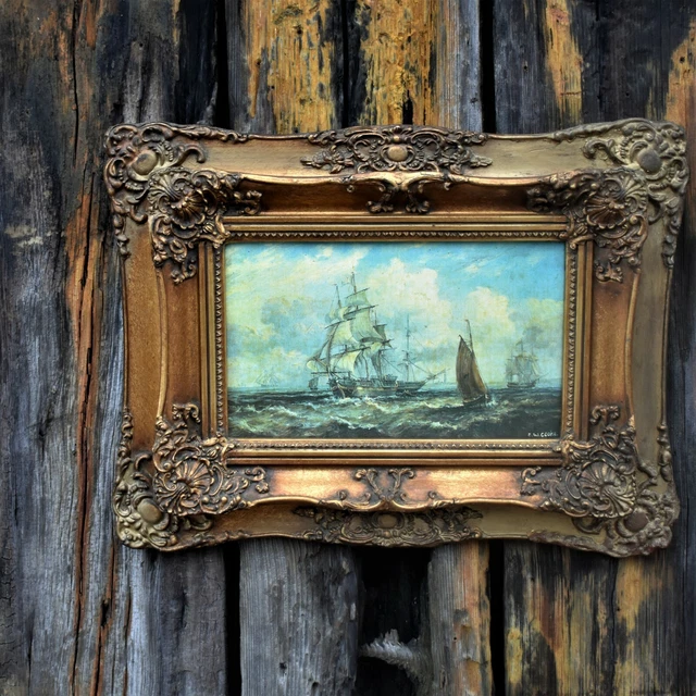 ANTIQUE GILT GESSO Frame Boat Ship Seascape Oleograph Print Ship After