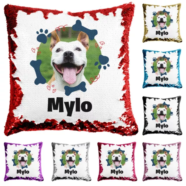 Pet Dog Paws Sequin Cushion Magic Personalised Photo Reveal Pillow Case Insert