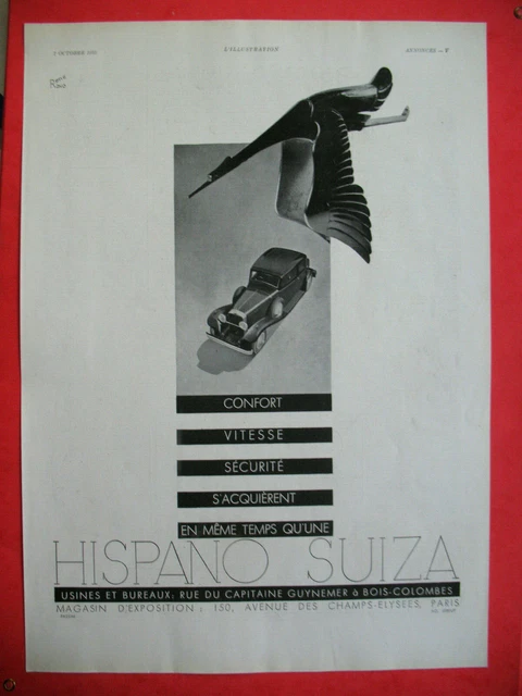 PUBLICITE DE PRESSE HISPANO SUIZA AUTOMOBILE ILLUSTRATION RENé RAVO AD 1933