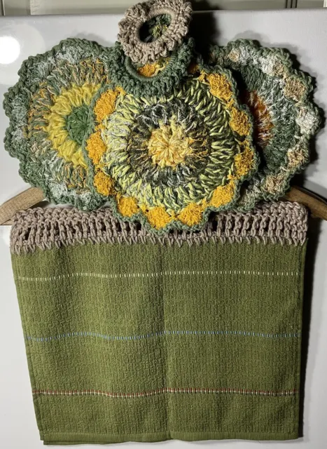 Crochet Dish Towel Scrubbies Scrunchies SAGE GREEN YELLOW SET XL Grannycore Rags