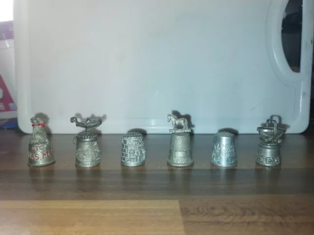 6 Assorted Novelty Pewter Thimbles Aladdins Lamp, Warwick Castle, Christmas 1992