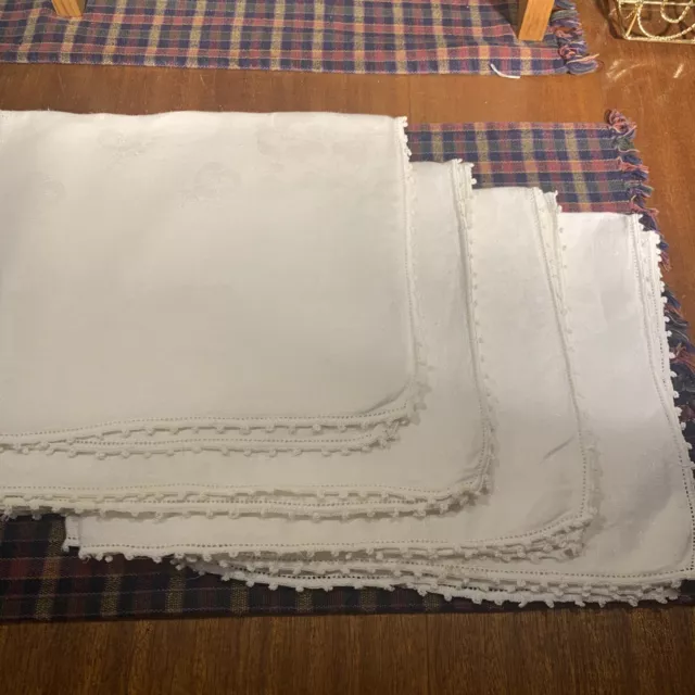 Vintage Antique Linen Damask Dinner Napkins~4~Pansies~Crochet Trim~Arts & Crafts