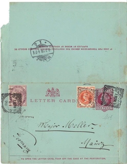 Uk Gb 1898 1 Penny Queen Victoria Ltr Card Uprated 1 1/2 Penny To Mainz Germany