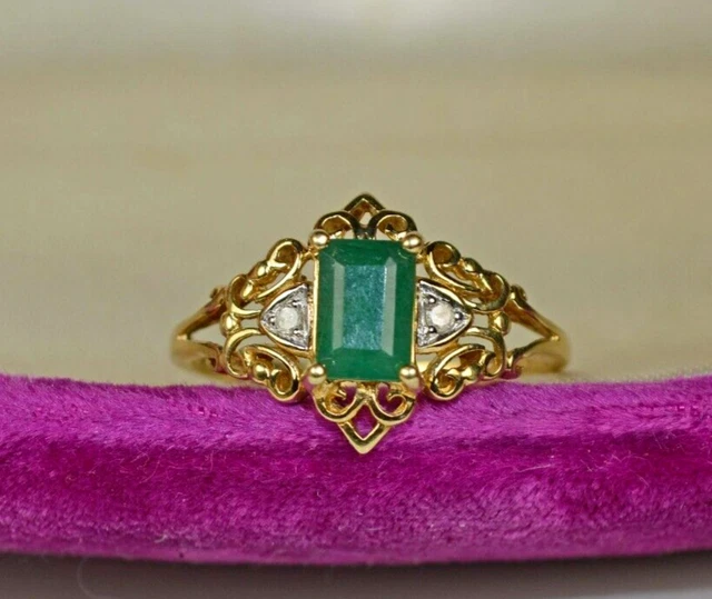 Vintage 10K Gold Natural Green Emerald Diamond Tiara Ring Scroll Setting Vintage 10K Gold Natural Green Emerald Diamond Tiara Ring Scroll Setting