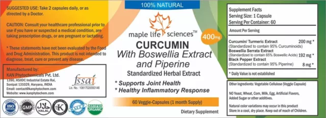 CURCUMIN & BOSWELLIA + PIPERINE capsules 400 mg each ANTI-INFLAMMATORY 2