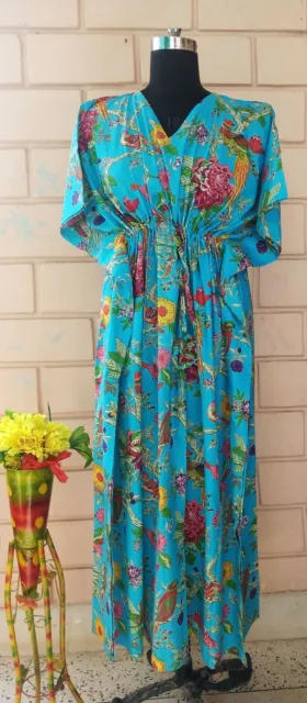Indian Turquoise Cotton Floral Long Kaftan Maxi Night Gown Dress Women' Cover Up