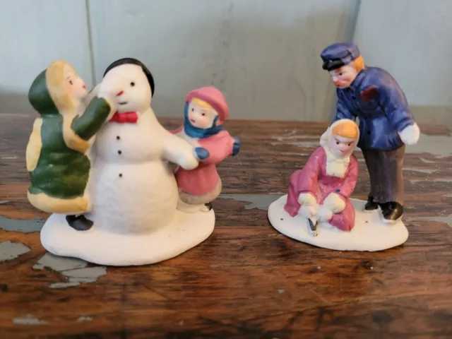 Lemax 1991 Old World Christmas Village Snowman Ice-skating Kids Set Of Two 2"3"