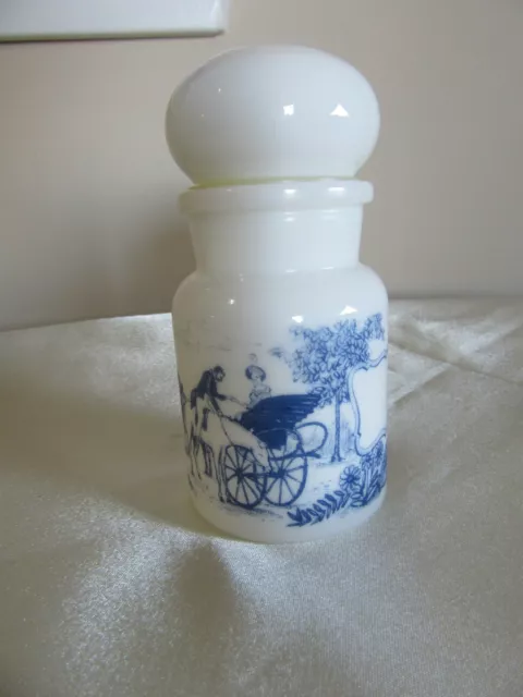 Milk Glass Apothecary Jar Container with Bubble Lid Blue Design Made in Belgium