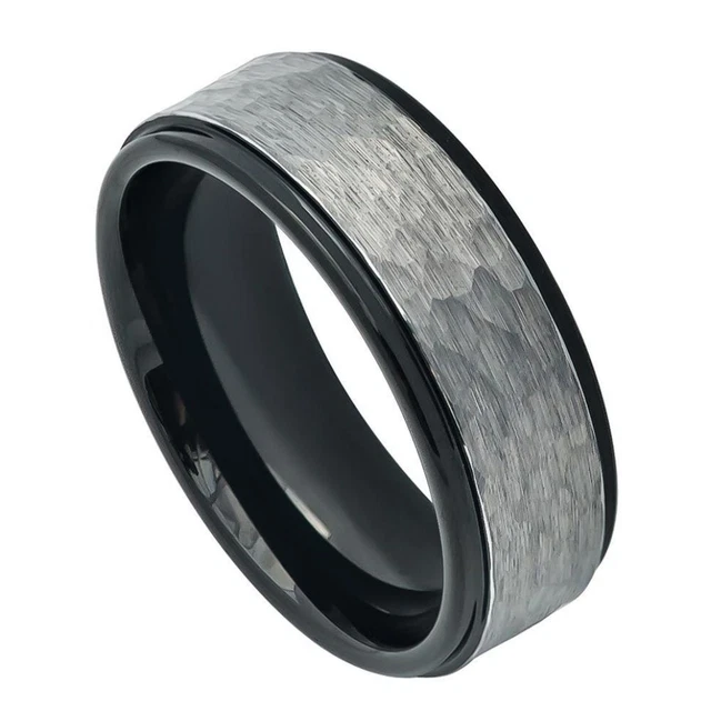 Tungsten Ring Band Two-tone Hammered Gun Metal For Men & Women