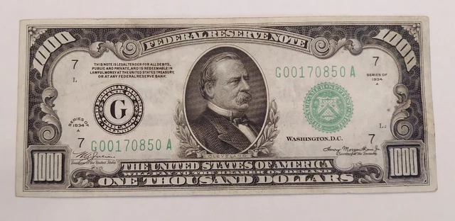 1934 A Chicago G $1000 One Thousand Dollar Bill Federal Reserve Note Us Currency