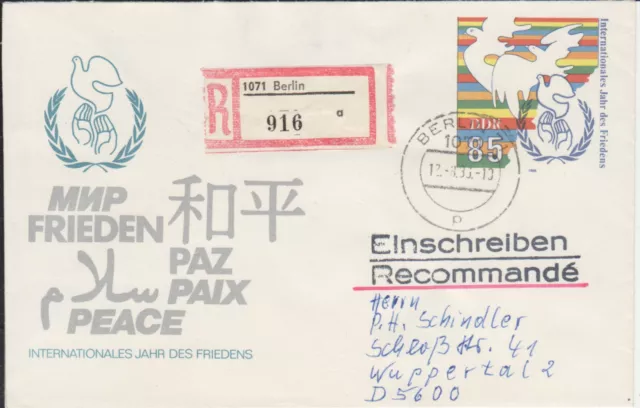 DDR Ganzsache U 5, Int. Jahr des Friedens 1988, echt gel. als Auslands-R-Brief