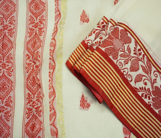 Vintage Off-White Saree Pure Cotton Hand Woven Indian Sari Fabric 5Yard Zari