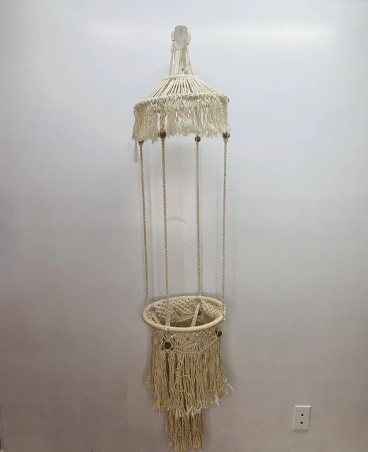 Vtg 2 Tier Large 5" Macrame Plant Holder Mid-Modern Century Wood Beads 60's-70's