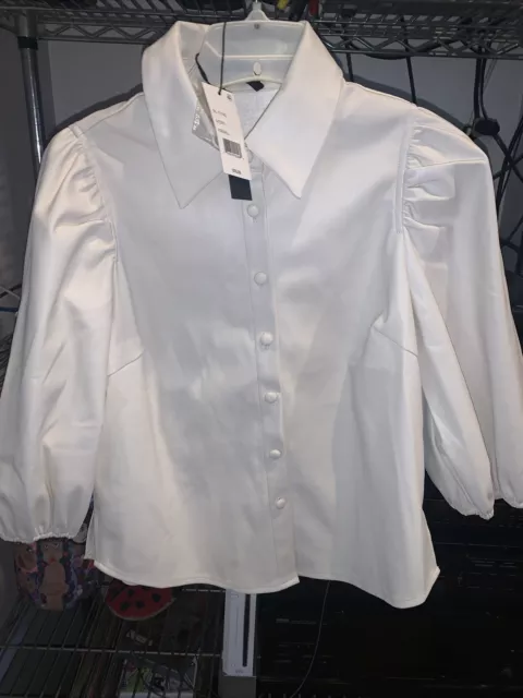 LUCY PARIS NEW With Tag $78 Puff-Sleeve Top in Ivory Leather Look Size XS