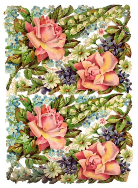 Antique Victorian Die Cut Scrap sheet 4 large flowers roses lovely 1880s #48