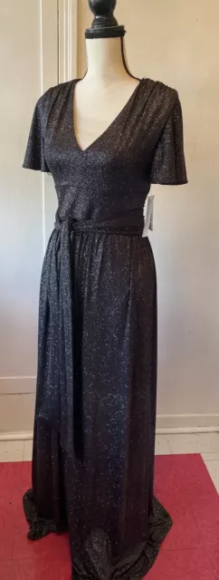 BNWT Eliza J Flutter Sleeve Glitter Gown Dress Size 6 Medium Black Silver Slit