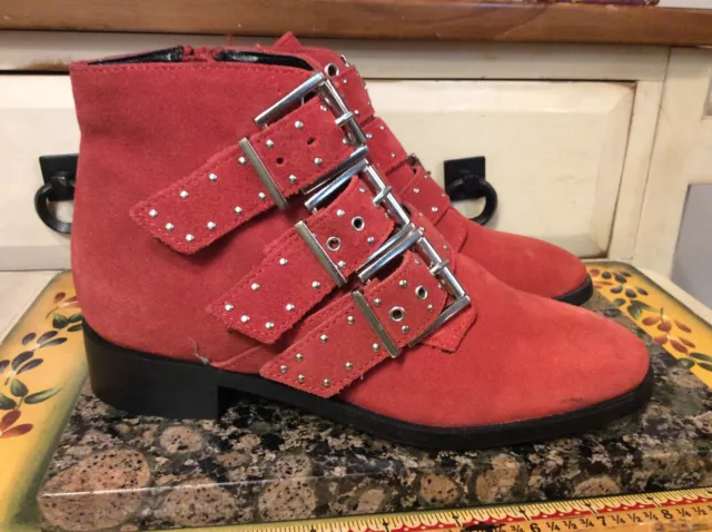 Topshop Krown Size 35-US-5 Red Suede Leather Triple Buckle Punk Ankle Boots,euc