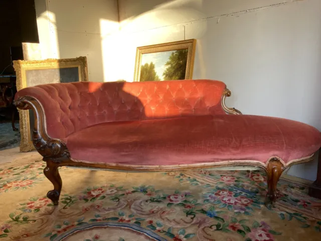 Antique Chaise Longue Sofa Daybed on Brass Castors Walnut -  Pink Velvet