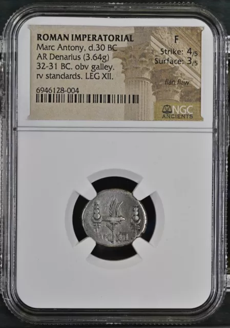 Roman Imperatorial - Marc Antony - BC 32-31 - Silver Denarius - NGC F - Crawf:41