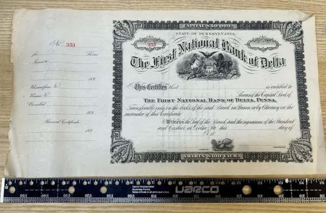 First National Bank of Delta PA 1890’s Blank $100 Share $50,000 Capital Blank
