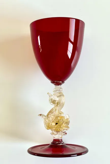 Vintage MURANO VENETIAN RED ITALY Wine Glass Goblet with 24k Gold Dolphin Stem