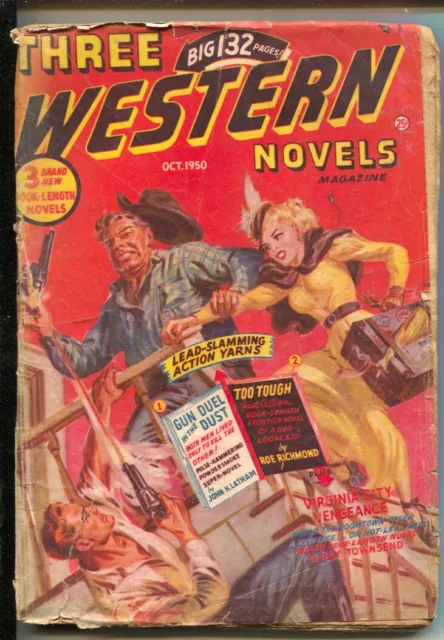 Three Western Novels Pulp #19 10/1949-Norman Saunders gunfight headlight cove...