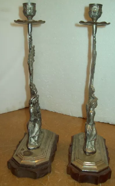 PAIR Large Vintage Victorian Cast Metal Wood & Silverplate Candlesticks 2