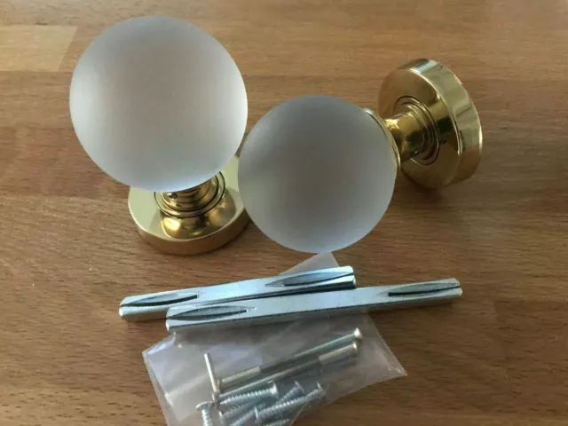 Frosted Glass Ball Mortice Knob with a Polished Brass Rose BNIB