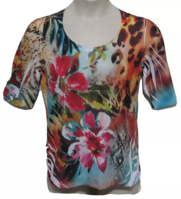 French Blue Tropical Leopard Embellished Pullover Top Womens L 3/4 Sleeve Artsy