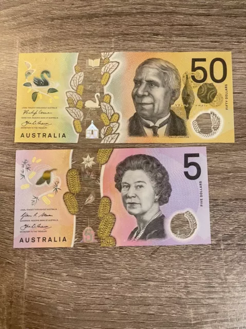 5+50 Dollar CIR Banknote. 2 Bills 5-50 Australia Dollars Circulated Currency AUD