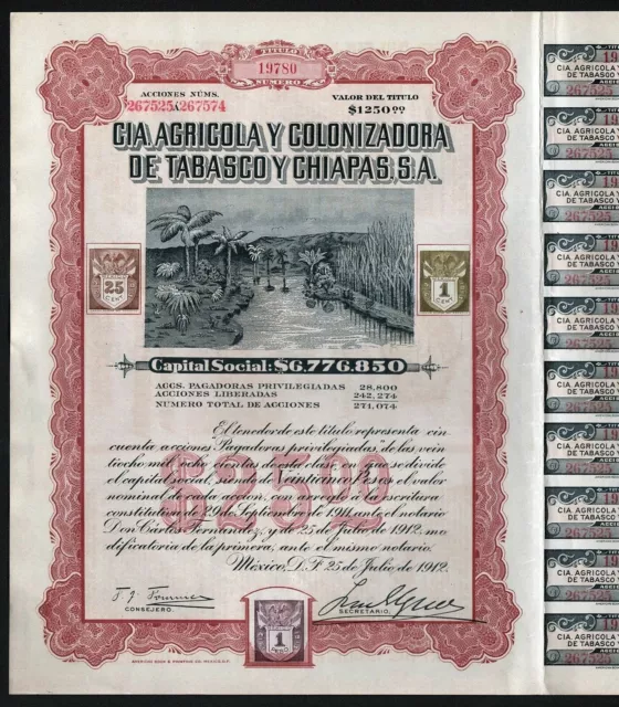 1912 Mexico: Cia. Agricola y Colonizadora de Tabasco y Chiapas - 50 Shares