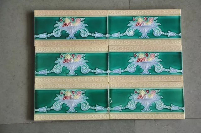 6 Pc Vintage Majolica Flower Basket Art Nouveau Architecture Tiles,Japan