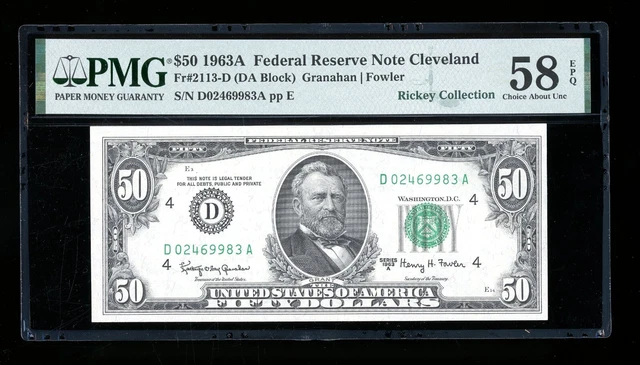DBR 1963-A $50 FRN Cleveland Fr. 2113-D PMG 58 EPQ Serial D02469983A