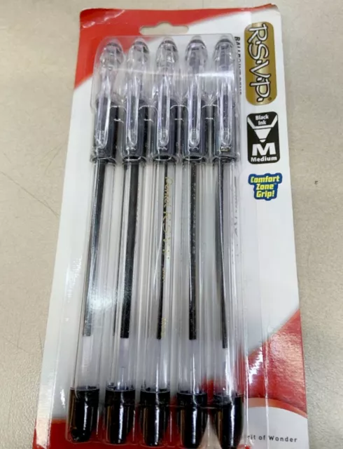 NEW Pentel RSVP 5-PACK Ballpoint Pen BLACK 1.0mm Med Clear Barrel Grip BK91BP5A