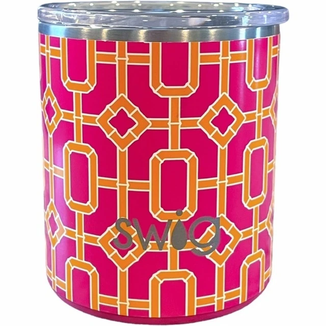 Swig Life Lowball Tumbler with Lid Travel Mug Pink Bamboo Trellis Stainless 12oz