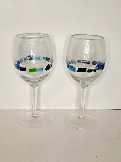 Vaso de vino USADO verde cristalino azul pintado a mano 1 PAR