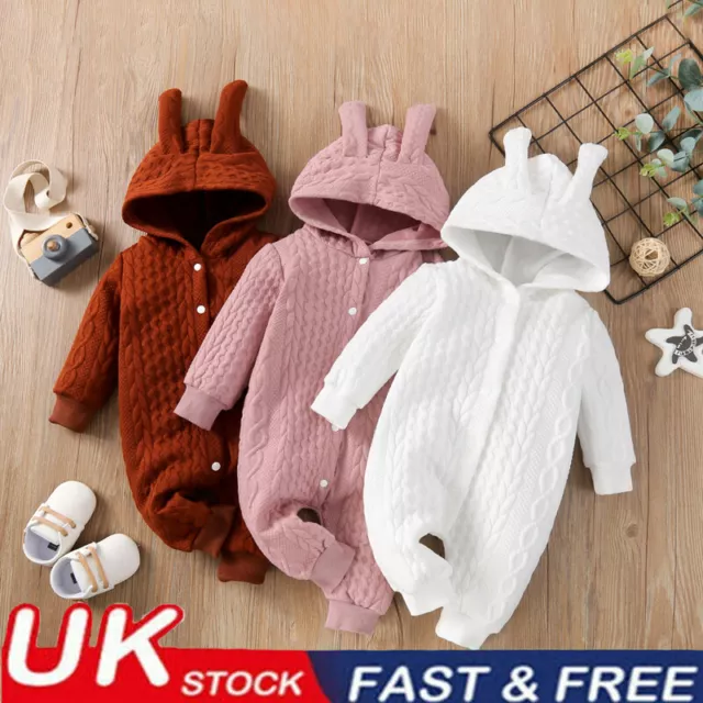 Newborn Baby Boy Girl Hooded Romper Jumpsuit Bodysuit Kids Clothes Outfits UK