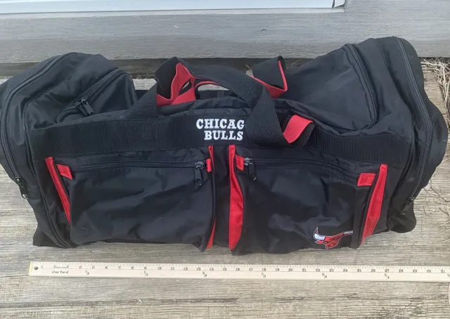 Chicago Bulls Duffle Bag Black Red Logo Spell Out NBA Basketball Overnight Gym
